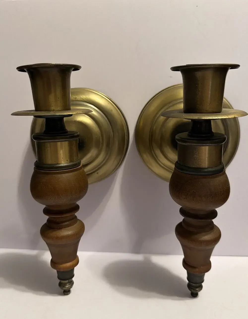 2 Vintage HOMCO Taper Candle Holder Wall Sconce Brass and Wood Home Interior MCM
